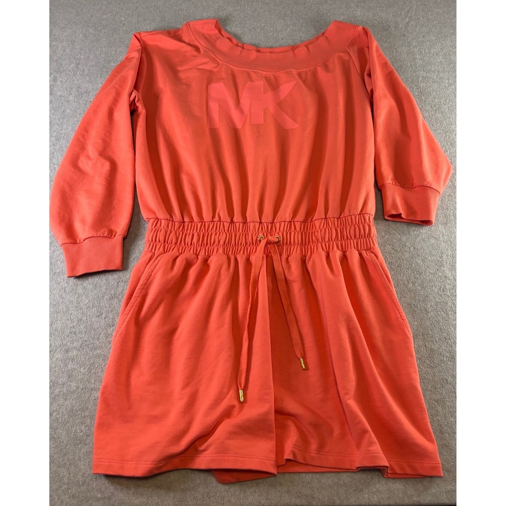 Michael Kors Size Large Coral Orange French Terry MK Logo Romper 3/4 Sleeve